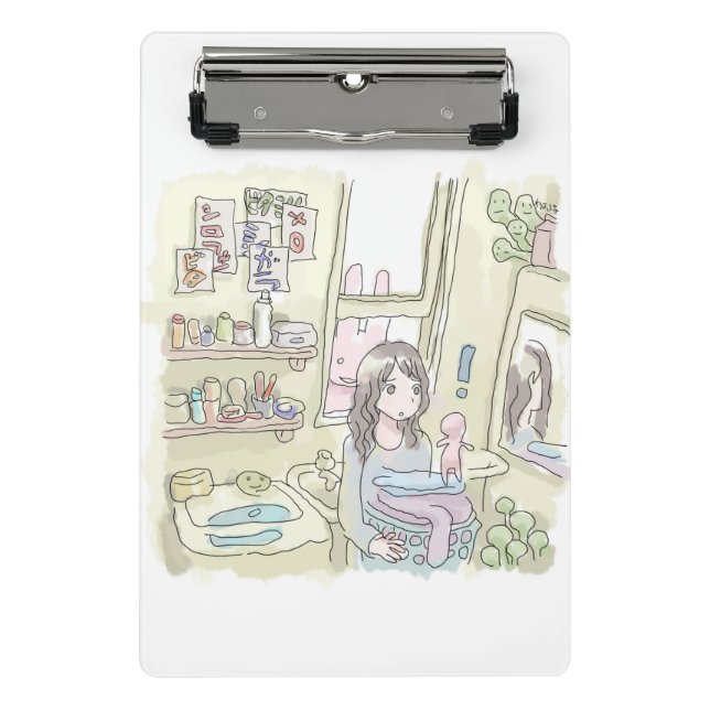 a woman's illustration with a rabbit peeping throu mini clipboard (Front)