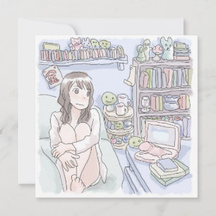 A woman's image of a vaguely sitting on a sofa in  card