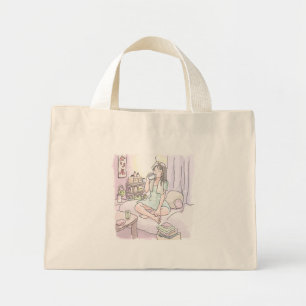 a woman's water-color illustration that drapes and mini tote bag
