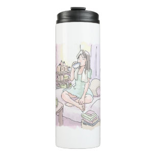a woman's water-color illustration that has been t thermal tumbler
