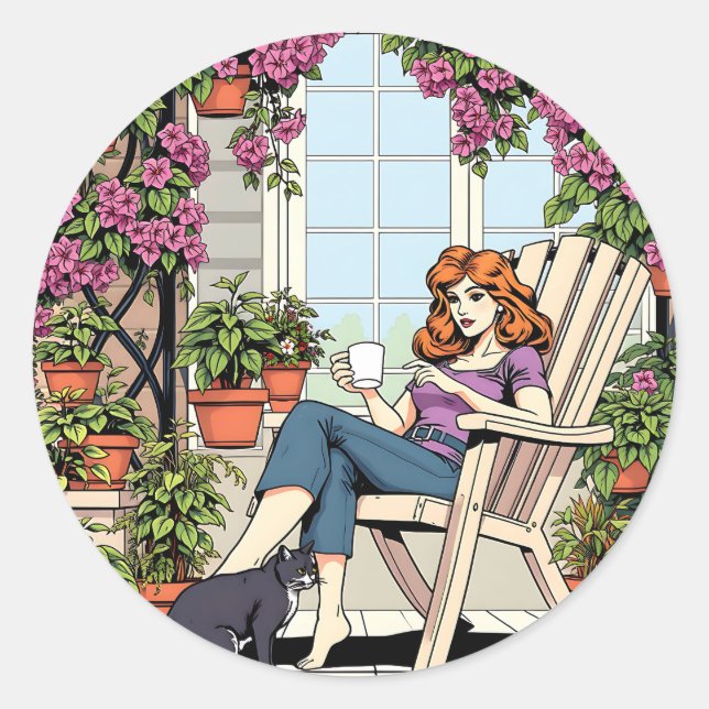 A Women with Coffee, Cat and  Plants Classic Round Sticker (Front)