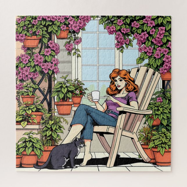 A Women with Coffee, Cat and  Plants Jigsaw Puzzle (Vertical)