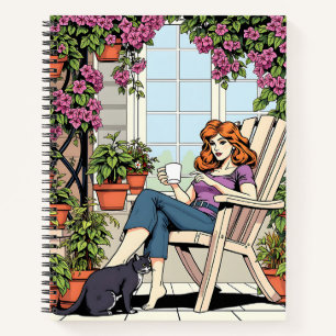 A Women with Coffee, Cat and  Plants Notebook