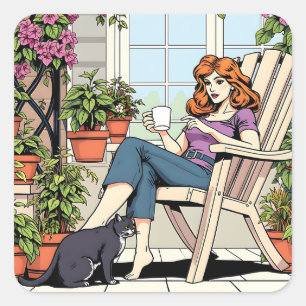 A Women with Coffee, Cat and  Plants Square Sticker