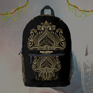 A wonderful filigree golden lotus flower.  printed backpack