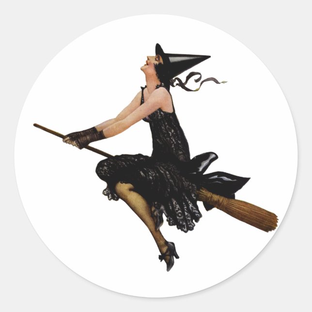 A Wonderful Witch Flies Away on her Broom Classic Round Sticker (Front)
