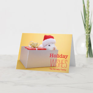 A wrapped gift and a rabbit with Santa Holiday Card