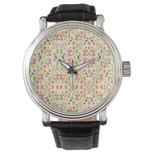 A wristwatch with a colourful floral-patterned fac