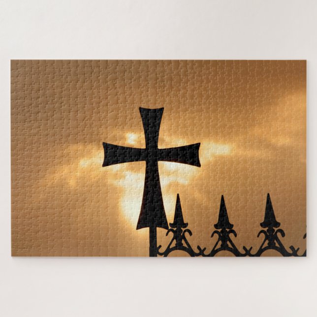 A Wrought-iron Cross on a Fence Jigsaw Puzzle (Horizontal)