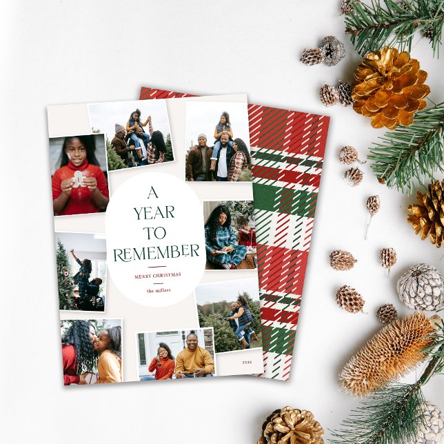 A Year To Remember 8 Photo Collage Christmas Holiday Card (A year to remember. 8 photo collage Holiday card design on white background with pine xmas decor)