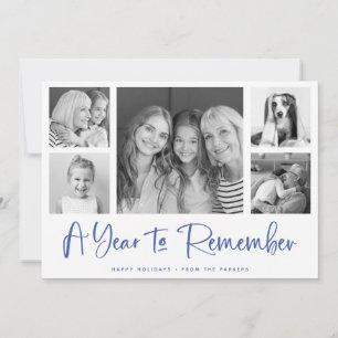 A Year to Remember Blue Minimalist Photo Grid Holiday Card