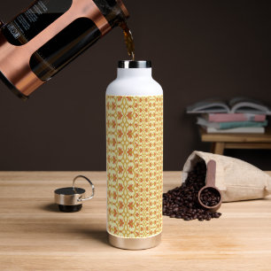a yellow and white background with an intricate de water bottle