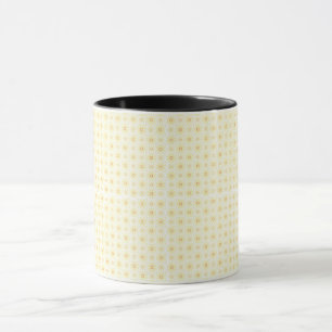 a yellow and white background with small circles mug