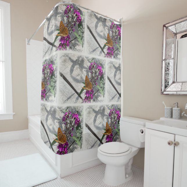 A yellow butterfly shower curtain (In Situ)
