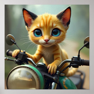 A yellow cat with black ears and big blue eyes poster