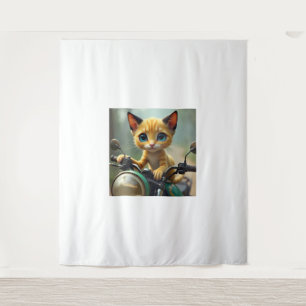 A yellow cat with black ears and big blue eyes tapestry