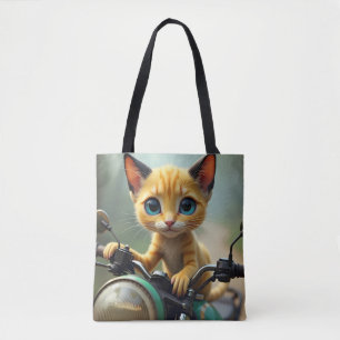A yellow cat with black ears and big blue eyes tote bag