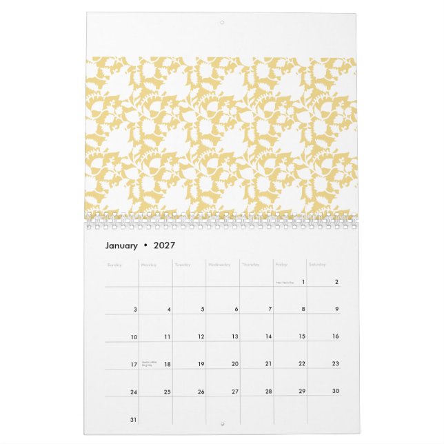 A yellow rug with a repeating motif pattern resemb calendar (Jan 2027)