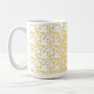 A yellow rug with a repeating motif pattern resemb coffee mug