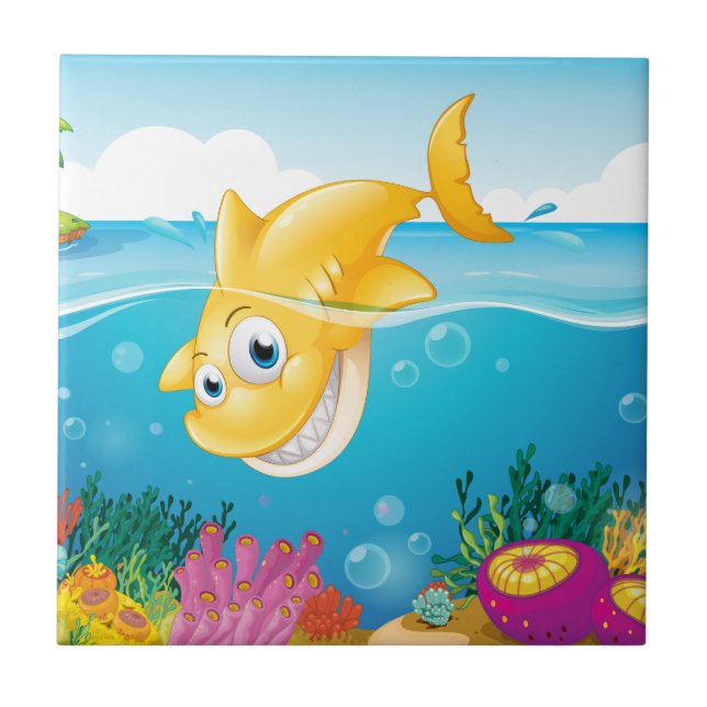 A yellow shark diving into the sea ceramic tile (Front)