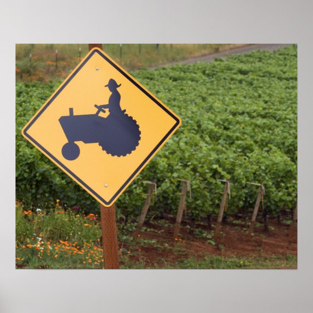 A yellow tractor crossing sign in the vineyard (Front)