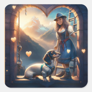 A Young Alpine Girl And Her Loving Dachshund Square Sticker