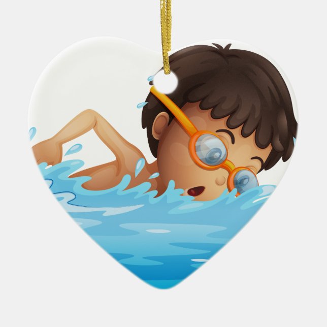 A young boy swimming with a yellow goggles ceramic tree decoration (Front)