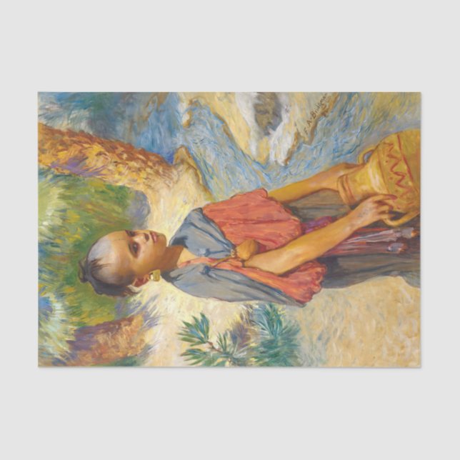 A young girl by a river by Arthur Bridgman Tissue Paper (Front)