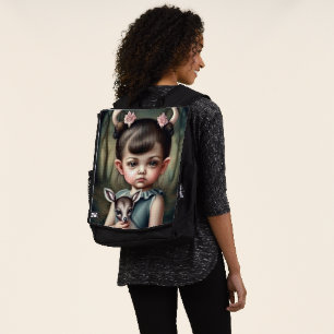 A young girl holding a deer in her arms backpack