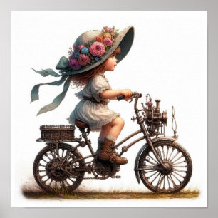A Young Happy Child Riding a Steampunk Bicycle Poster