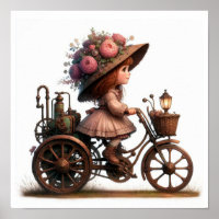 A Young Happy Child Riding a Steampunk Bicycle