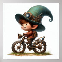 A Young Happy Child Riding a Steampunk Bicycle