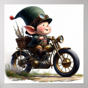 A Young Happy Child Riding a Steampunk Motorbike Poster