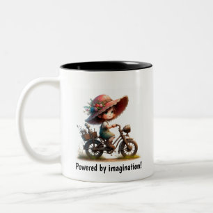 A Young Happy Child Riding a Steampunk Motorbike Two-Tone Coffee Mug