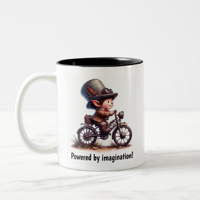A Young Happy Child Riding a Steampunk Motorbike Two-Tone Coffee Mug (Left)