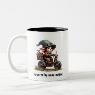 A Young Happy Child Riding a Steampunk Motorbike Two-Tone Coffee Mug