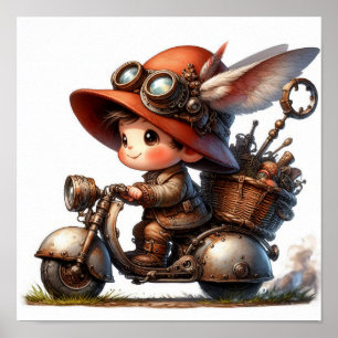 A Young Happy Child Riding a Steampunk Scooter Poster