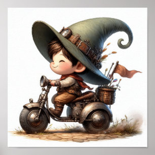 A Young Happy Child Riding a Steampunk Scooter Poster
