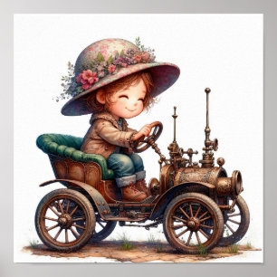 A Young Happy Child Riding a Steampunk Vehicle Poster