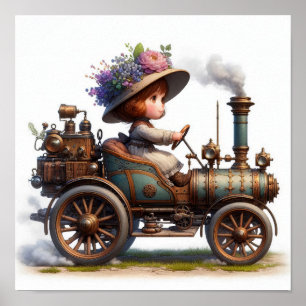 A Young Happy Child Riding a Steampunk Vehicle Poster