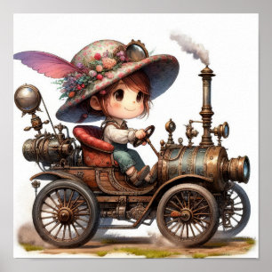 A Young Happy Child Riding a Steampunk Vehicle Poster