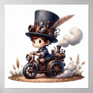 A Young Happy Child Riding a Steampunk Vehicle Poster