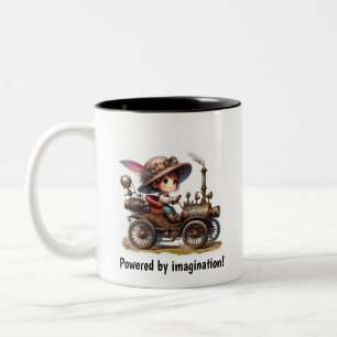 A Young Happy Child Riding a Steampunk Vehicle Two-Tone Coffee Mug