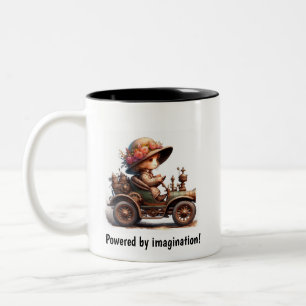 A Young Happy Child Riding a Steampunk Vehicle Two-Tone Coffee Mug