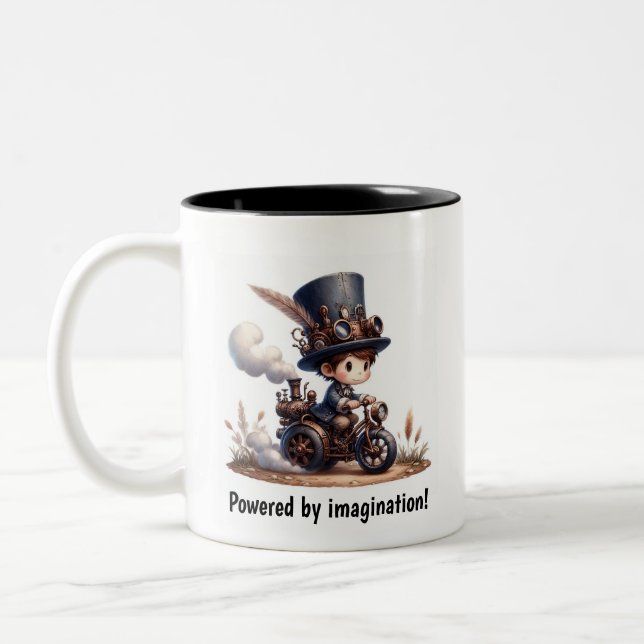 A Young Happy Child Riding a Steampunk Vehicle Two-Tone Coffee Mug (Left)