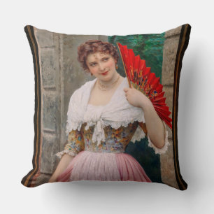 A Young Lady with a Red Fan by Eugen von Blaas Cushion