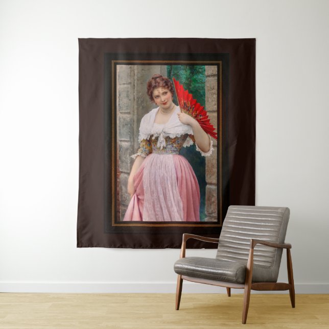 A Young Lady with a Red Fan by Eugen von Blaas Tapestry (In Situ)