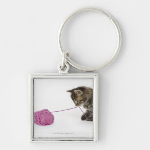 A young tabby kitten playing key ring