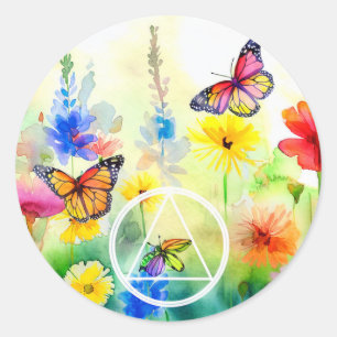 AA Symbol Butterflies and Flowers Recovery Classic Round Sticker