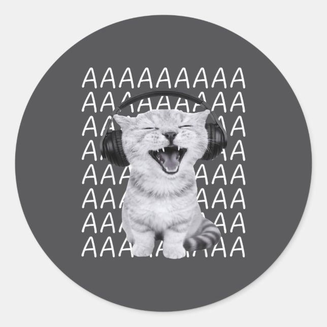 Aaaa Screaming Cat Meme Wearing Headphones Cat Int Classic Round Sticker (Front)